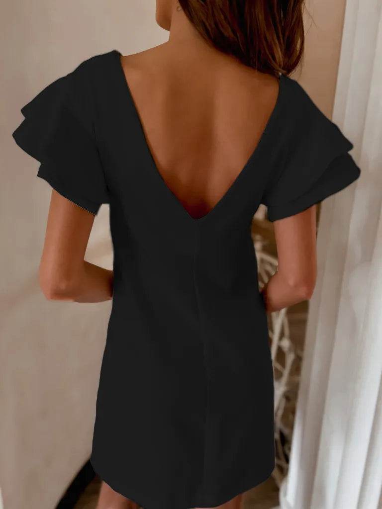 Ruffled Short Sleeve Backless Mini Dress - MARIGOLD