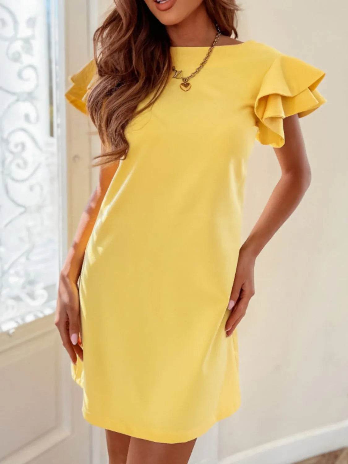 Ruffled Short Sleeve Backless Mini Dress - MARIGOLD