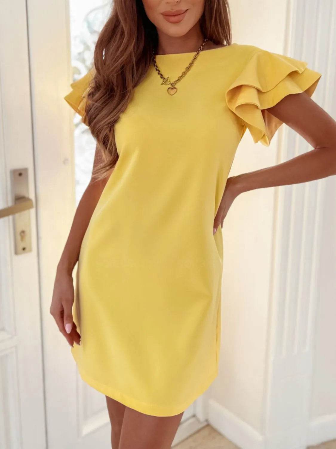 Ruffled Short Sleeve Backless Mini Dress - MARIGOLD