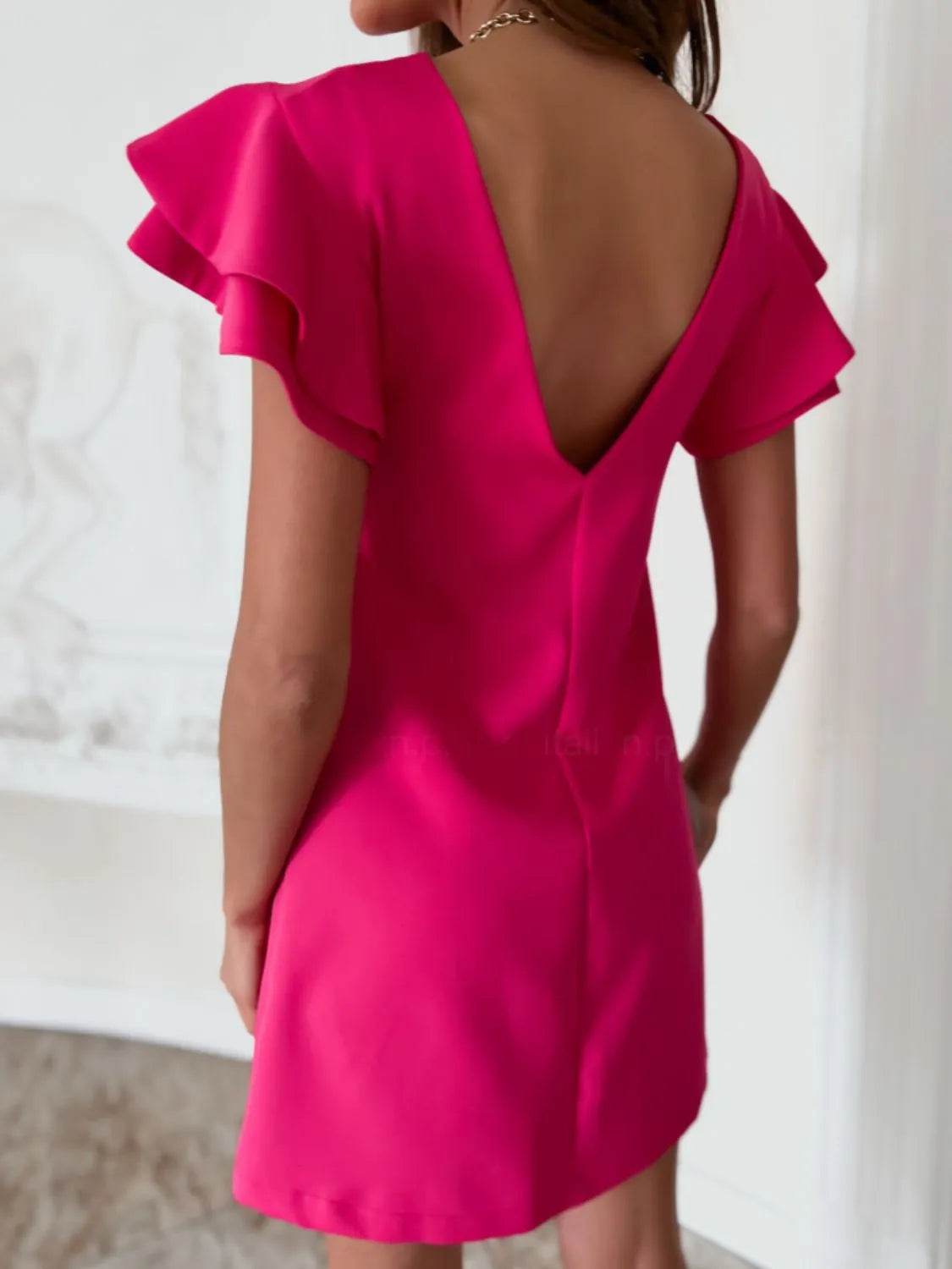 Ruffled Short Sleeve Backless Mini Dress - MARIGOLD