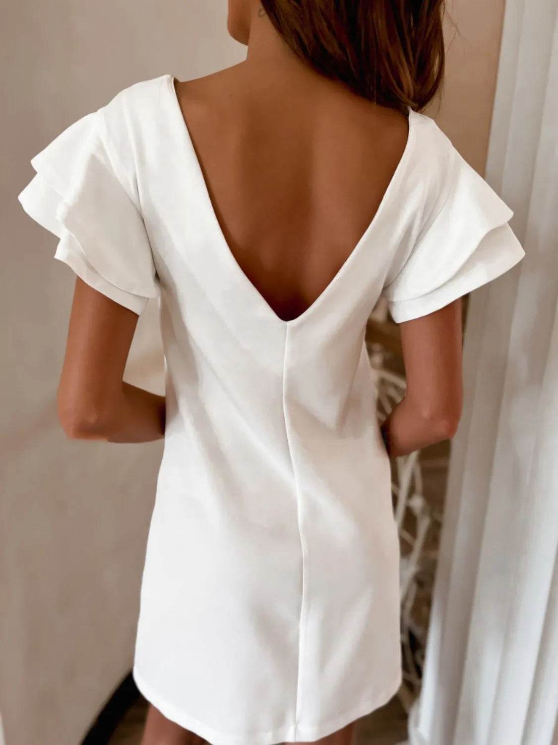 Ruffled Short Sleeve Backless Mini Dress - MARIGOLD