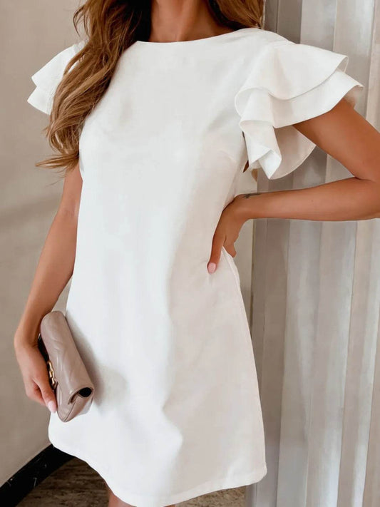 Ruffled Short Sleeve Backless Mini Dress - MARIGOLD