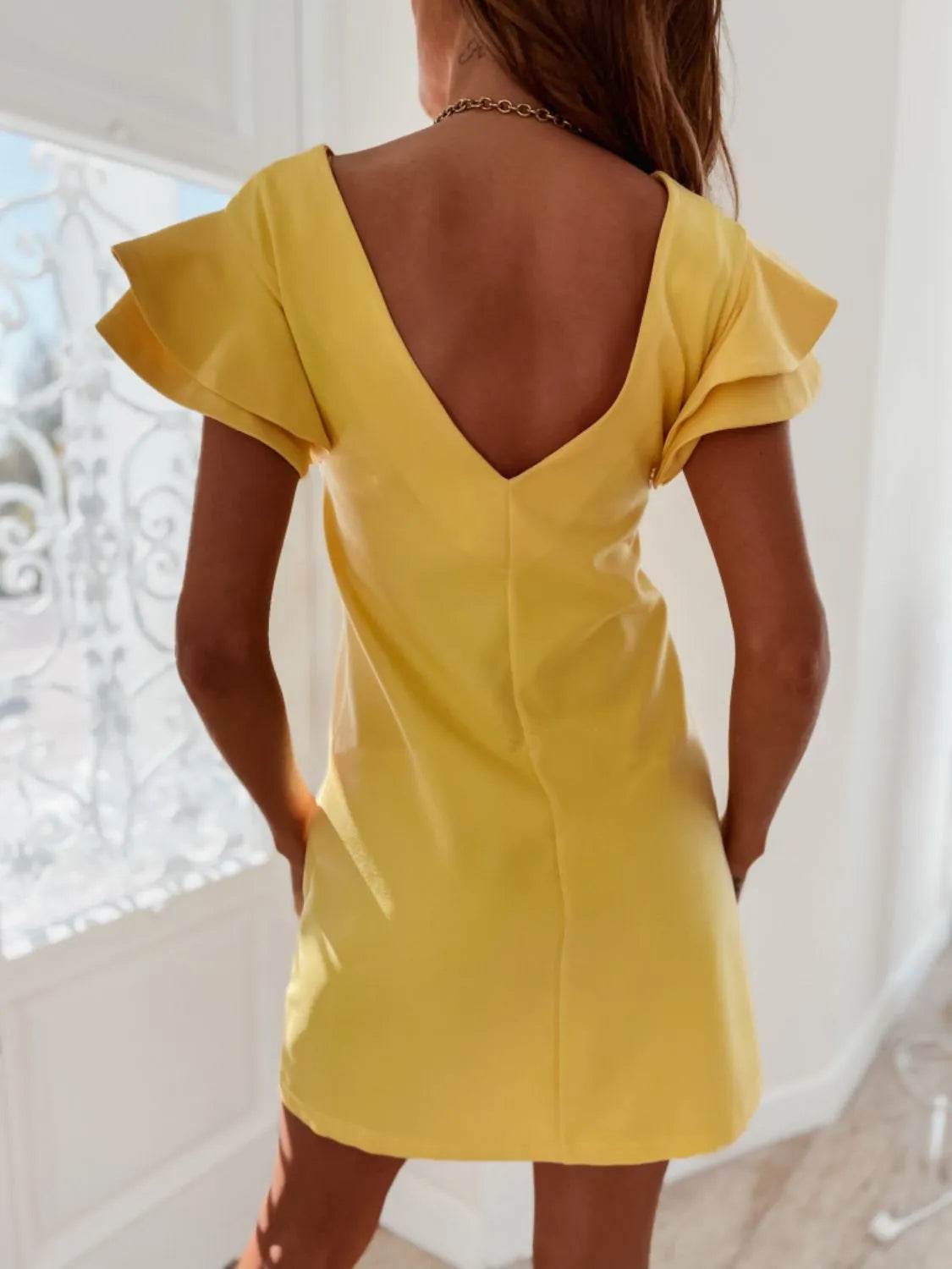 Ruffled Short Sleeve Backless Mini Dress - MARIGOLD