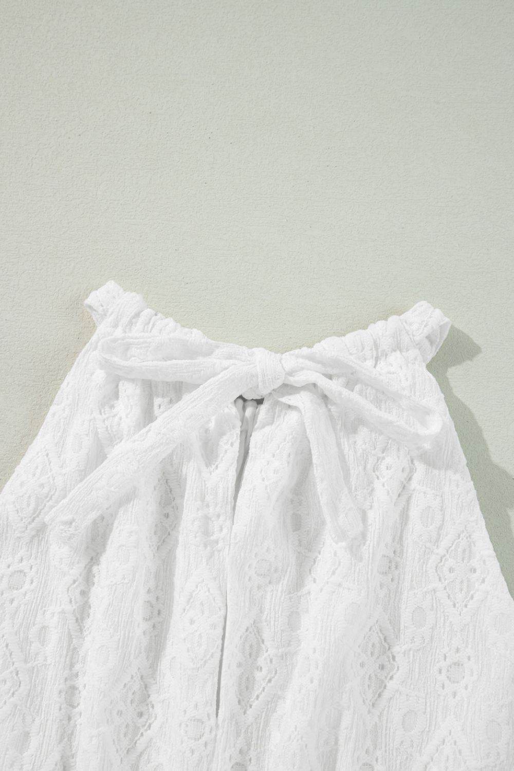 White Lace Halter Mini Dress with Tie Waist & Back Neck Tie - MARIGOLD