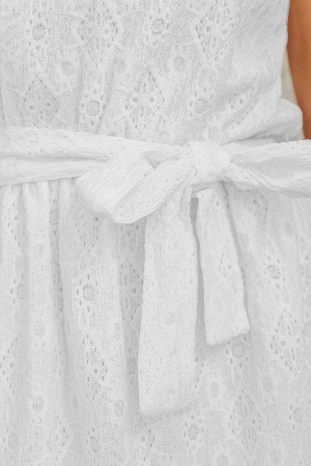 White Lace Halter Mini Dress with Tie Waist & Back Neck Tie - MARIGOLD