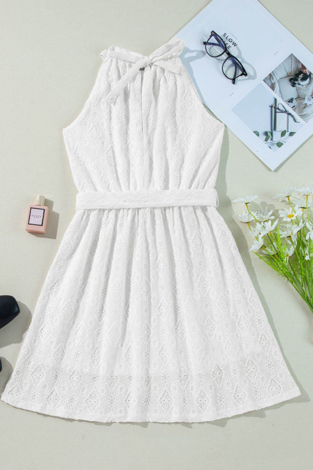 White Lace Halter Mini Dress with Tie Waist & Back Neck Tie - MARIGOLD
