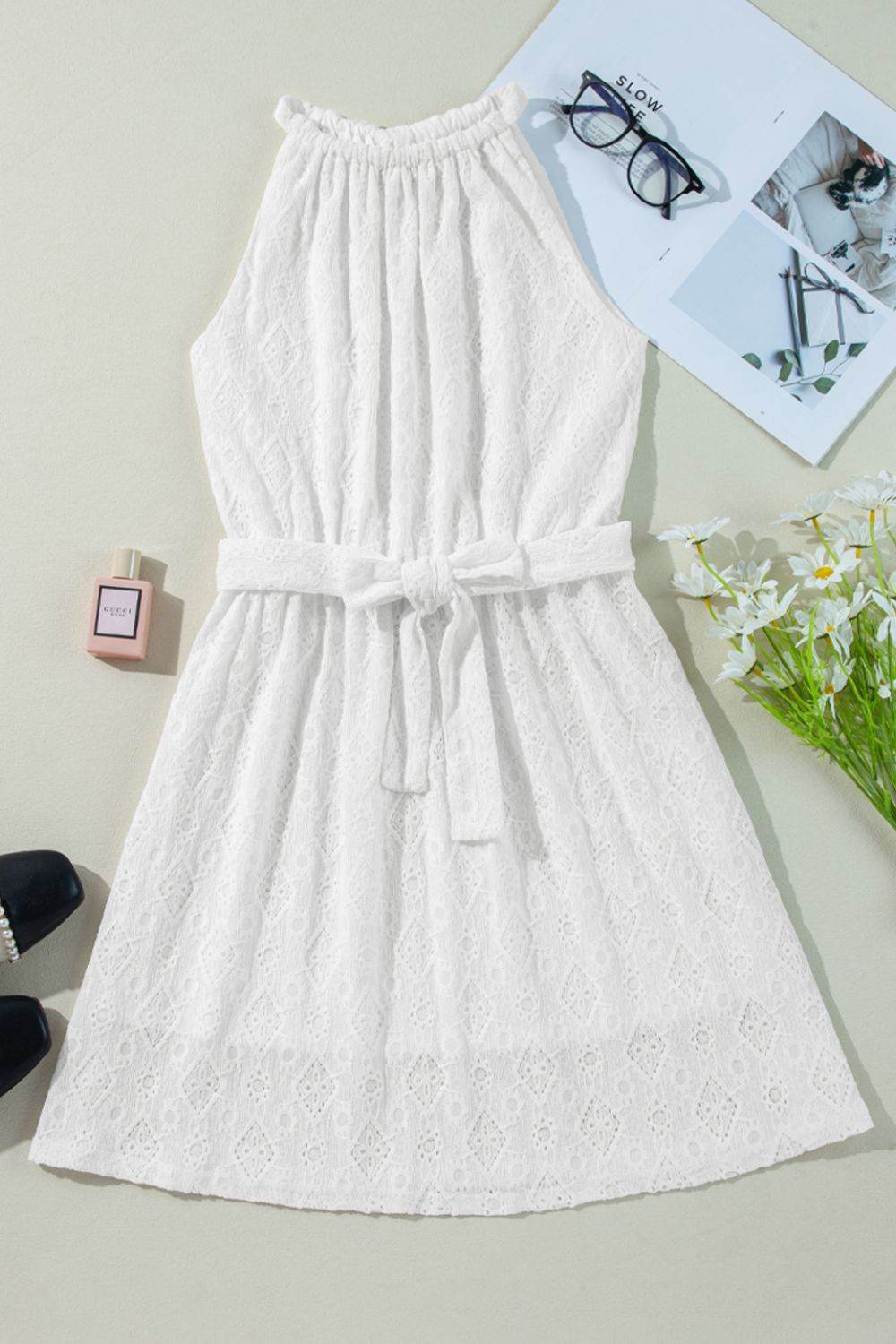 White Lace Halter Mini Dress with Tie Waist & Back Neck Tie - MARIGOLD