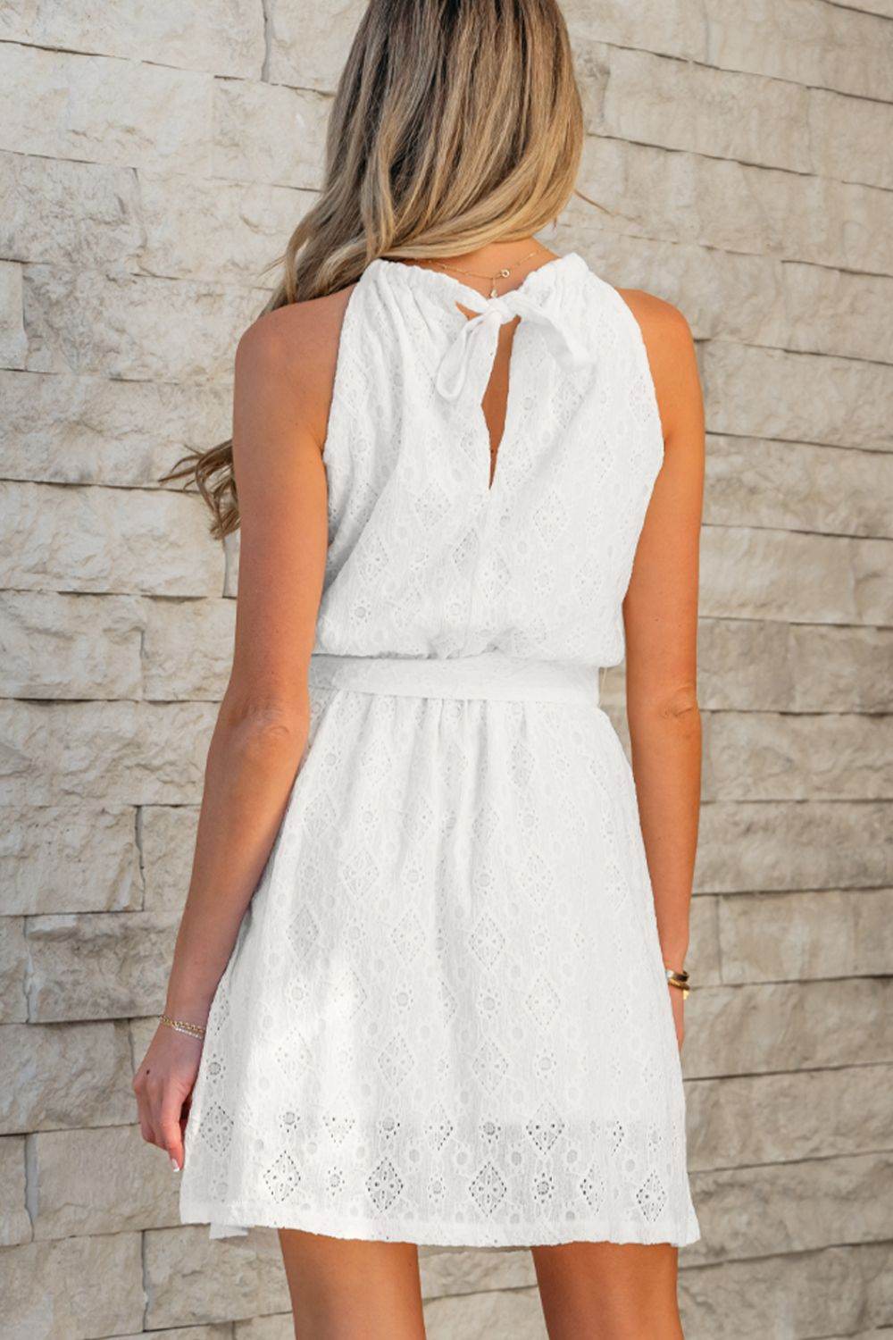 White Lace Halter Mini Dress with Tie Waist & Back Neck Tie - MARIGOLD