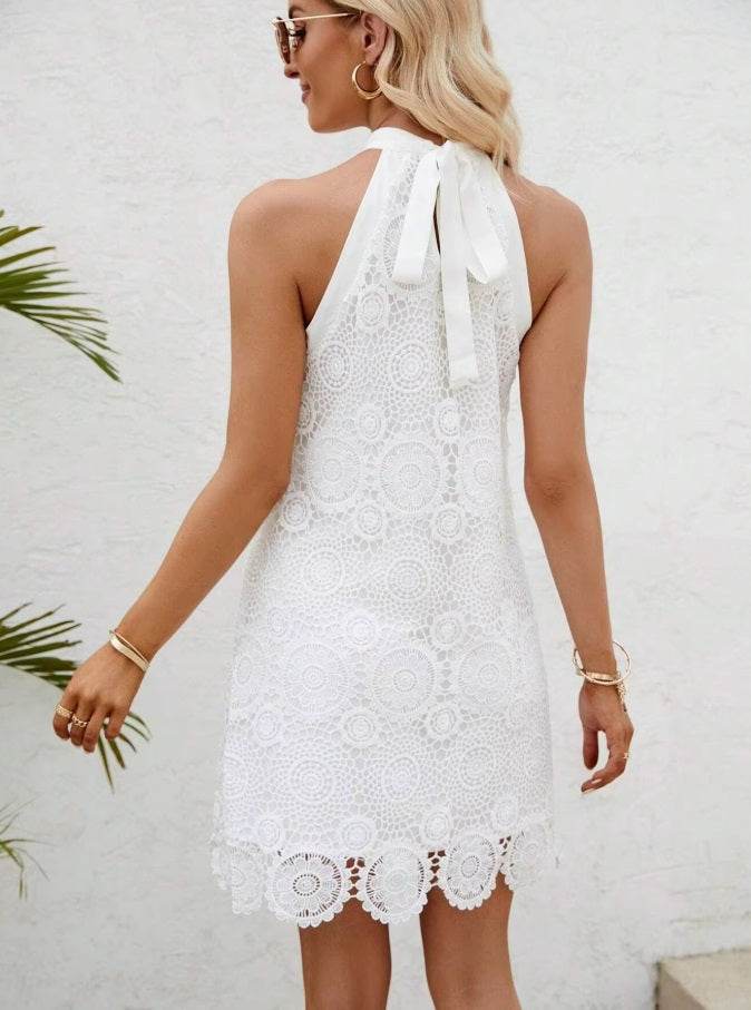 White Lace Halter Neck Mini Dress - MARIGOLD