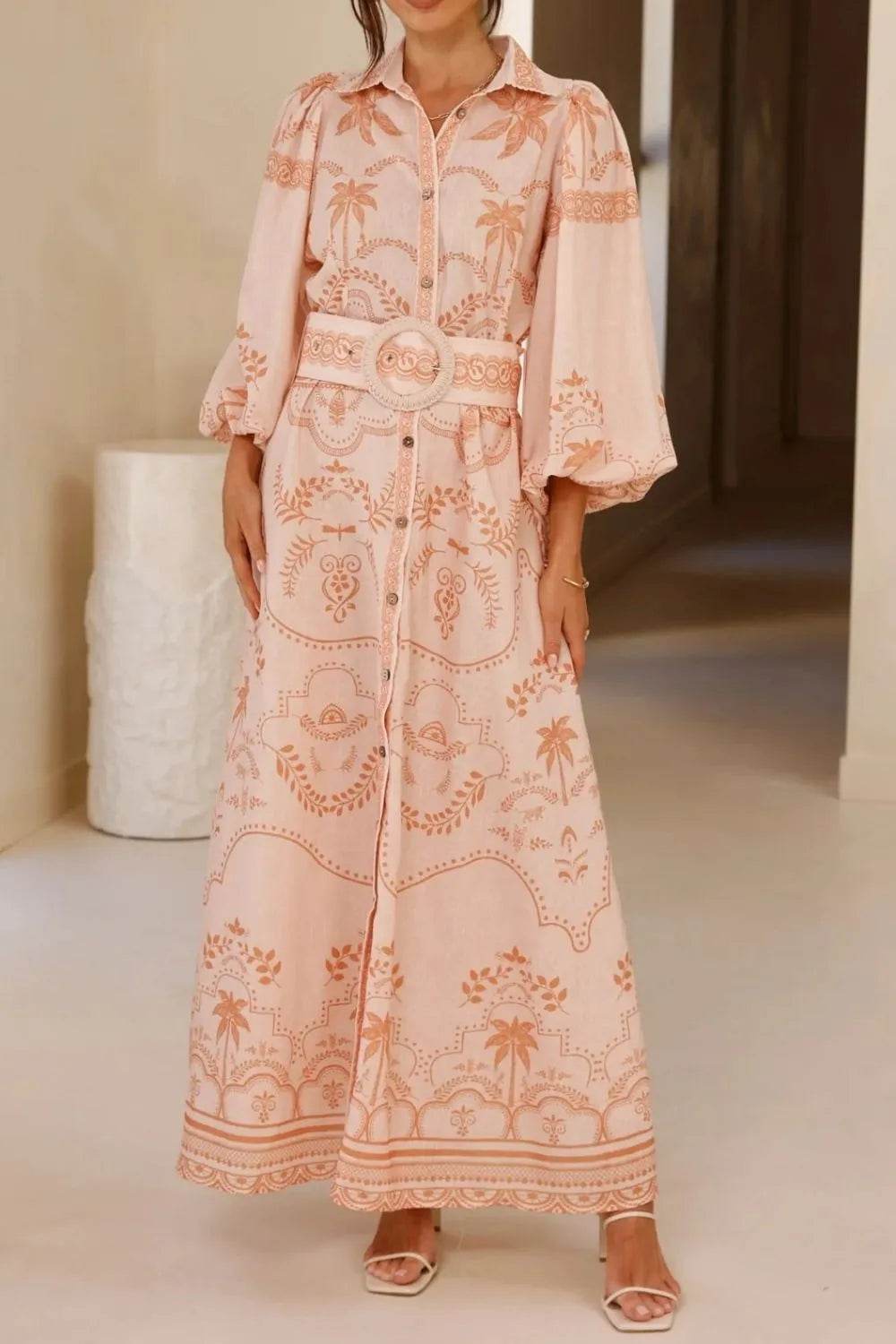 Printed Balloon Sleeve Maxi Shirt Dress - MARIGOLD