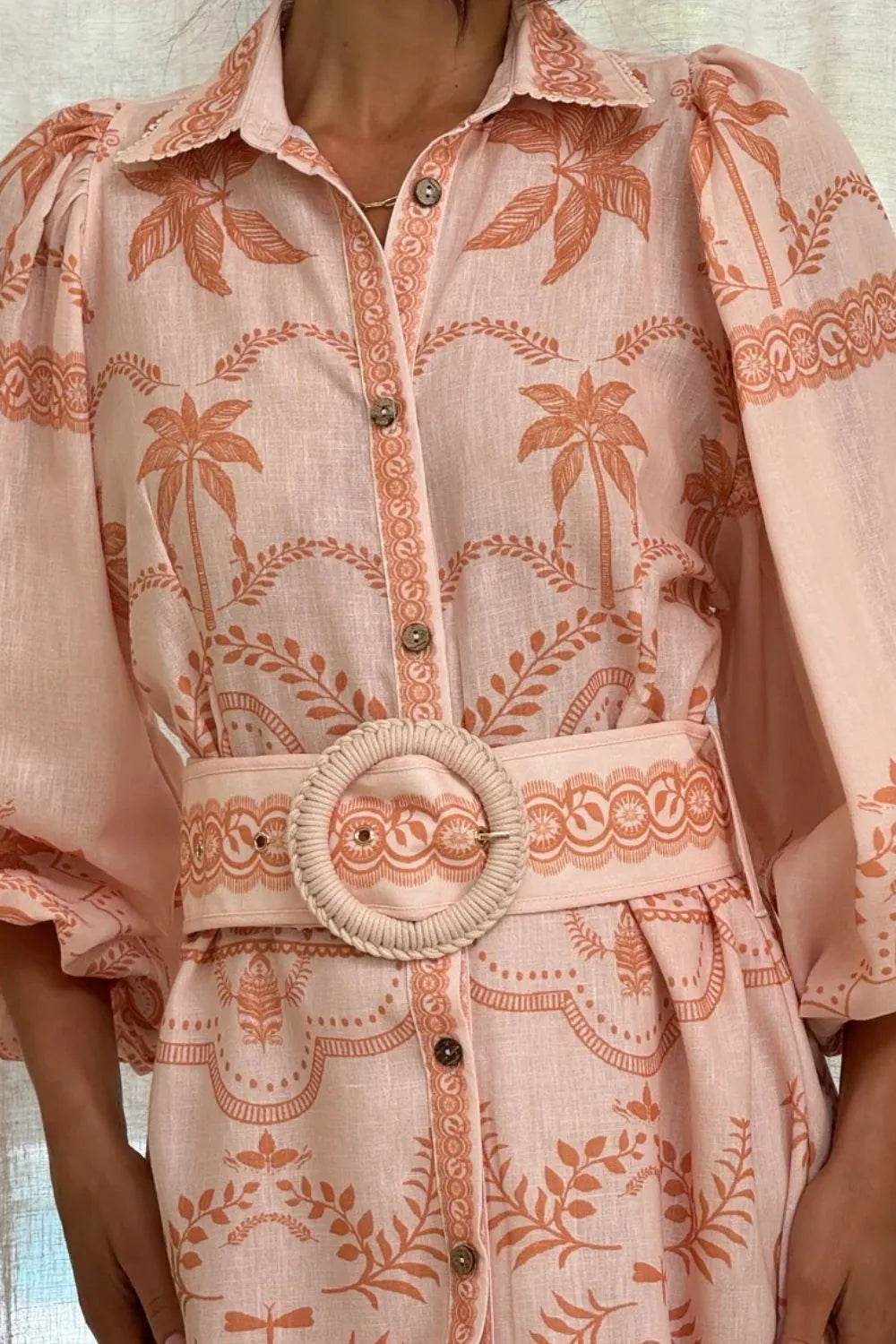 Printed Balloon Sleeve Maxi Shirt Dress - MARIGOLD