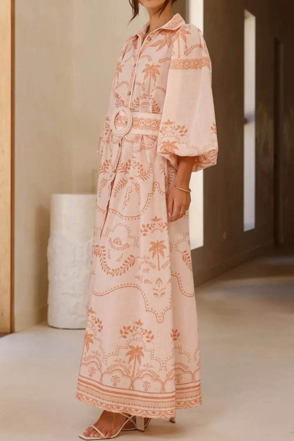 Printed Balloon Sleeve Maxi Shirt Dress - MARIGOLD