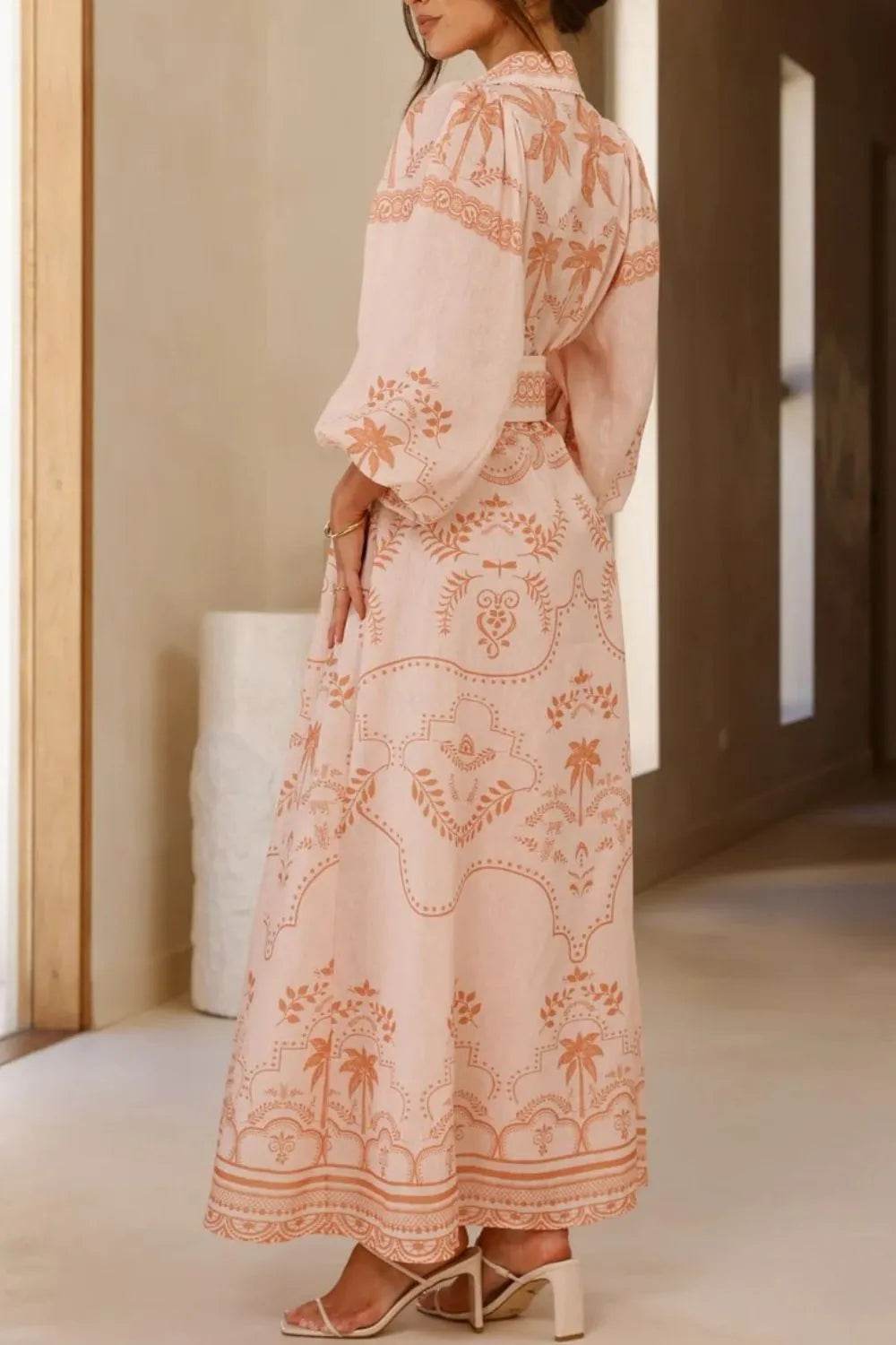 Printed Balloon Sleeve Maxi Shirt Dress - MARIGOLD