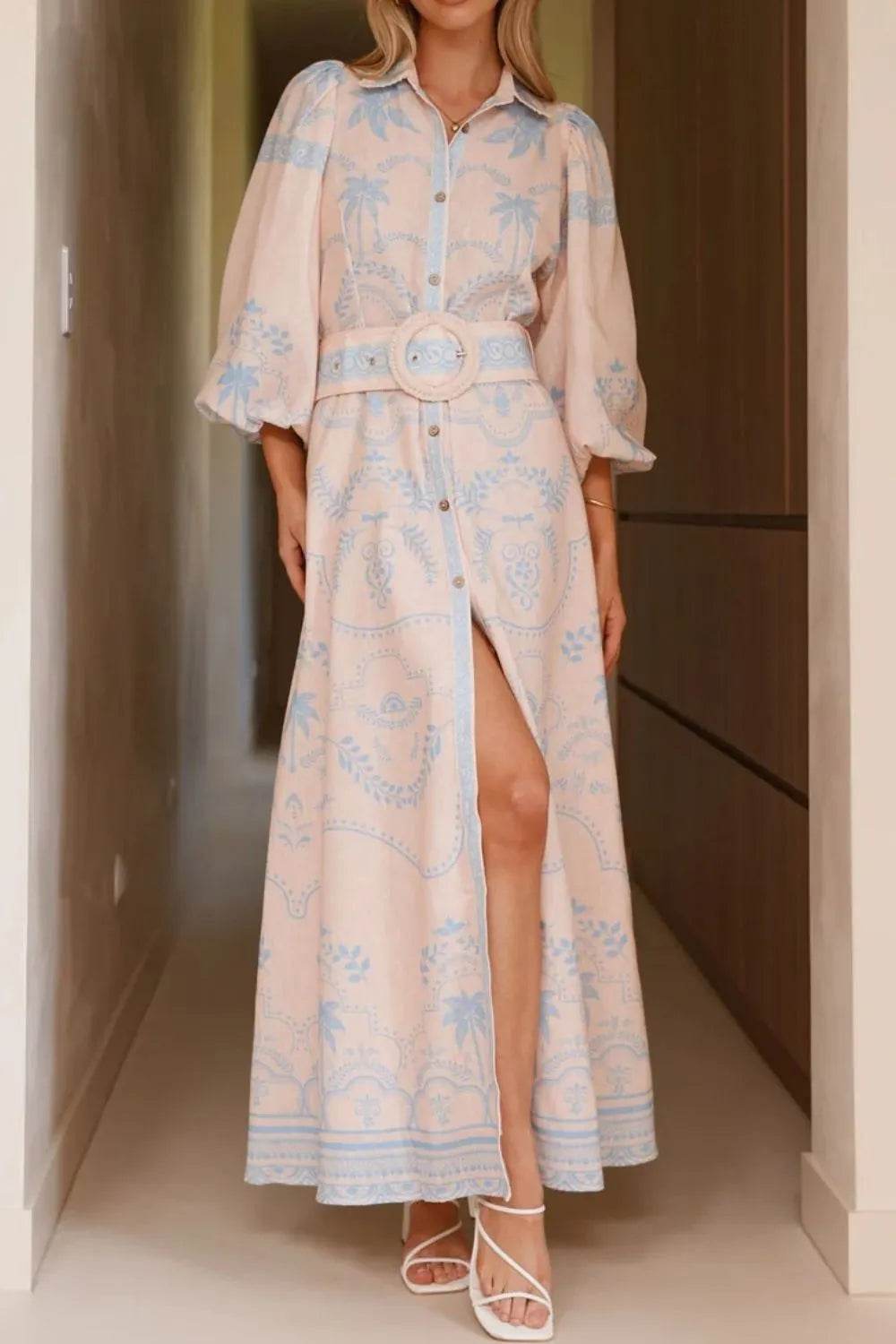 Printed Balloon Sleeve Maxi Shirt Dress - MARIGOLD
