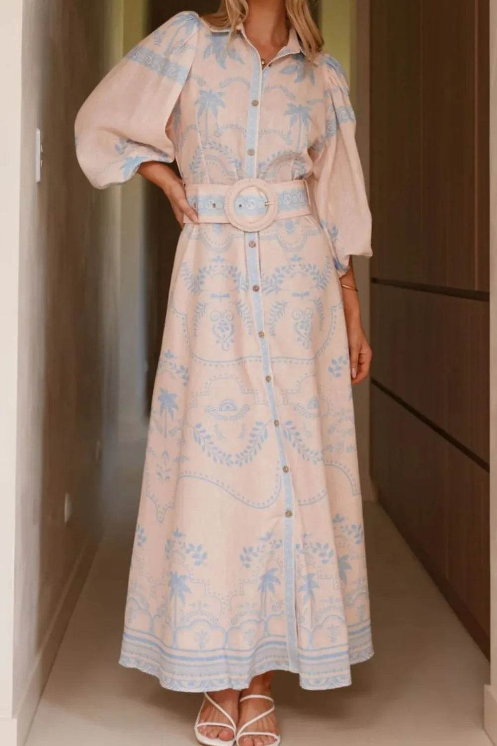Printed Balloon Sleeve Maxi Shirt Dress - MARIGOLD