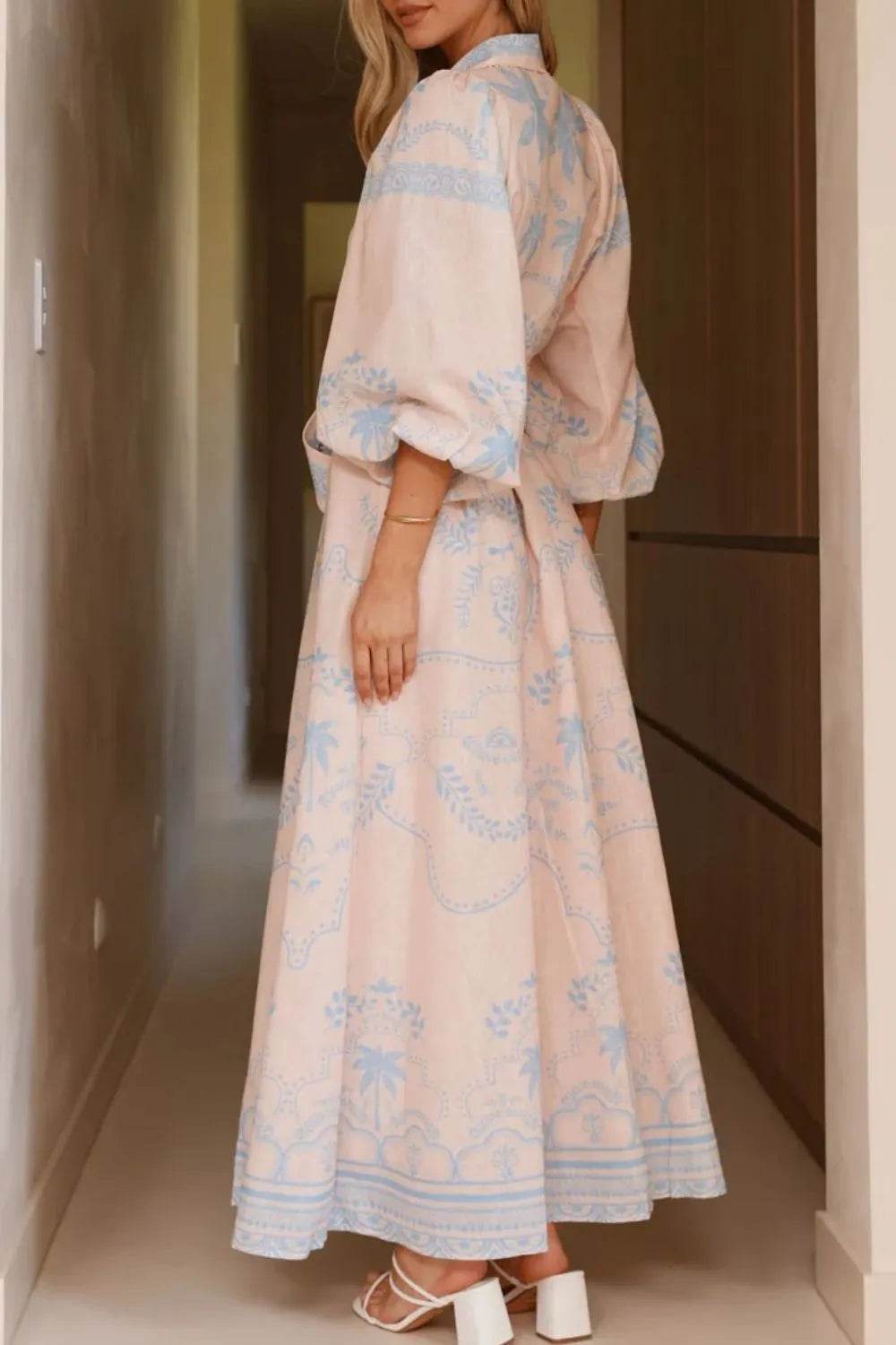 Printed Balloon Sleeve Maxi Shirt Dress - MARIGOLD