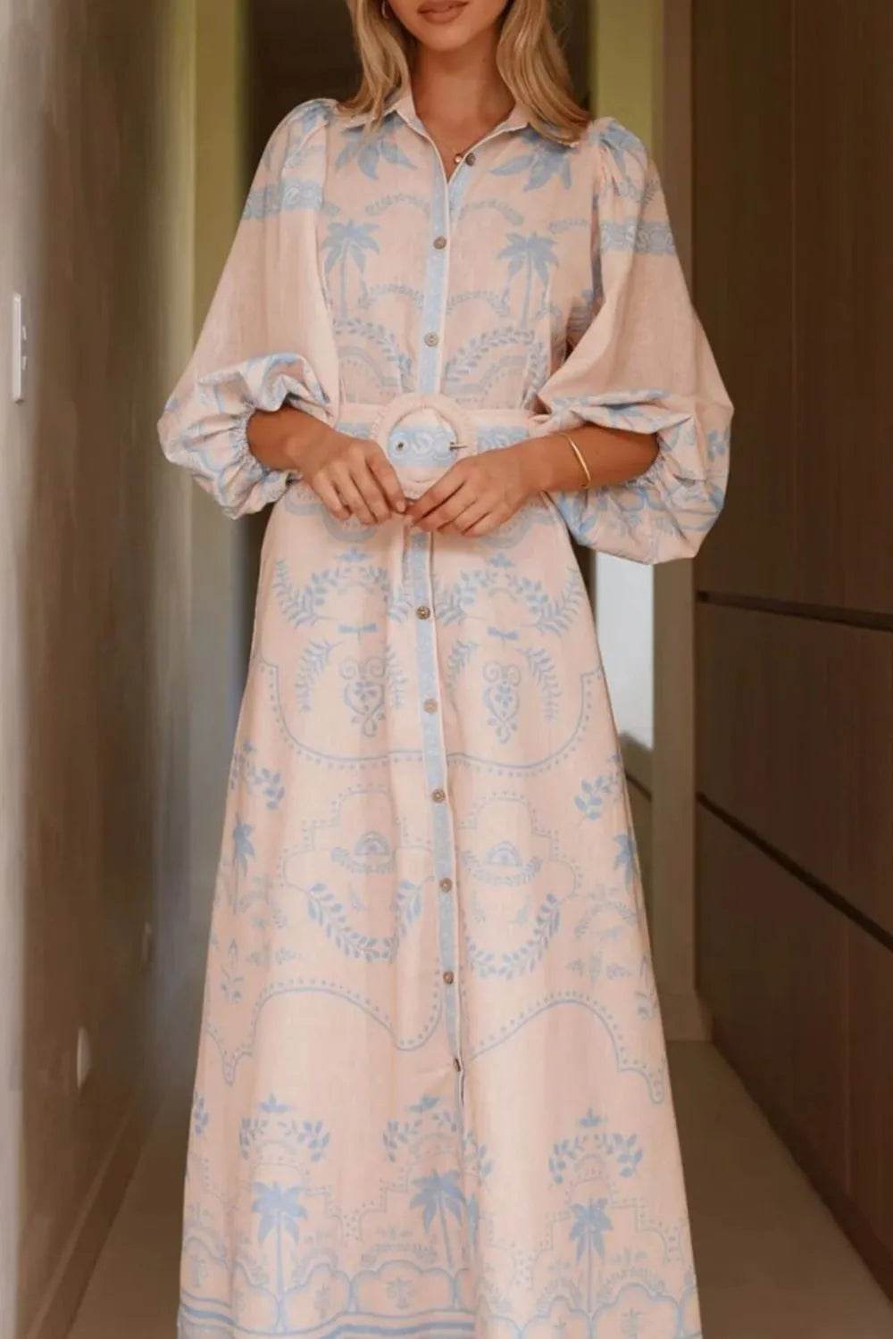 Printed Balloon Sleeve Maxi Shirt Dress - MARIGOLD