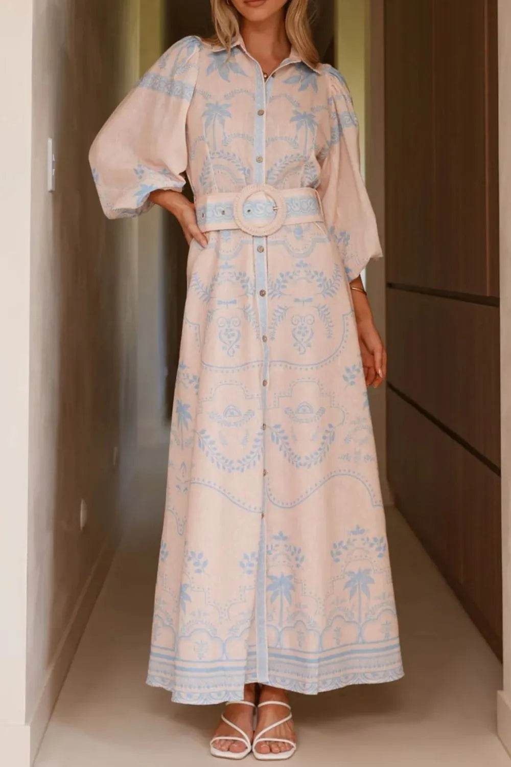 Printed Balloon Sleeve Maxi Shirt Dress - MARIGOLD