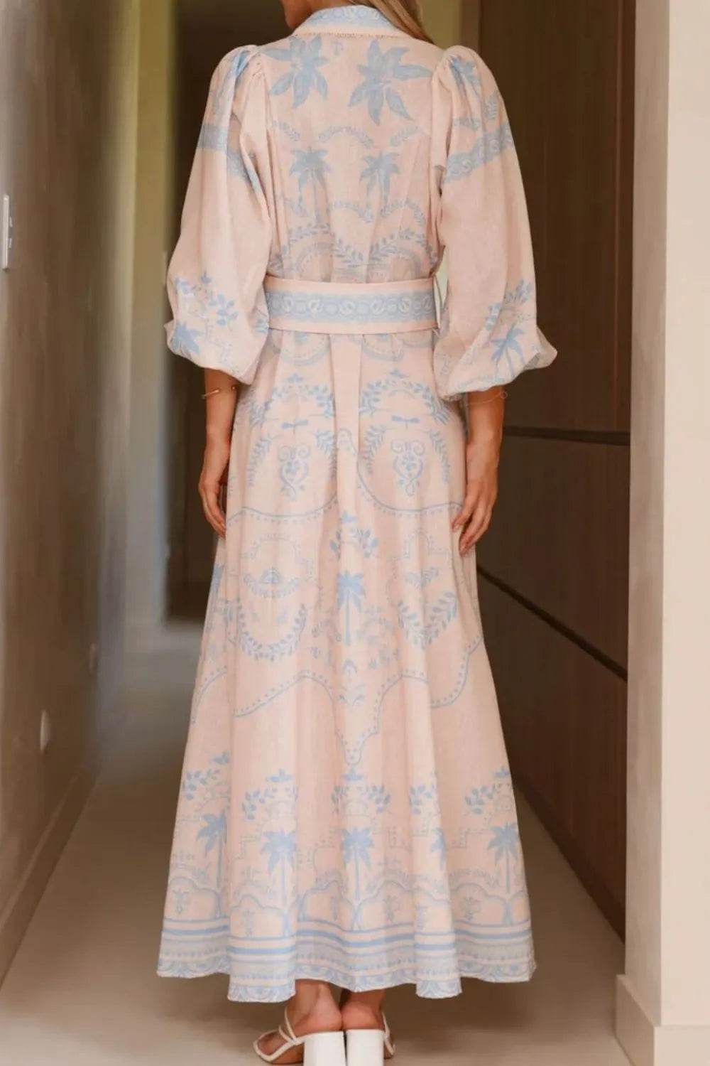 Printed Balloon Sleeve Maxi Shirt Dress - MARIGOLD