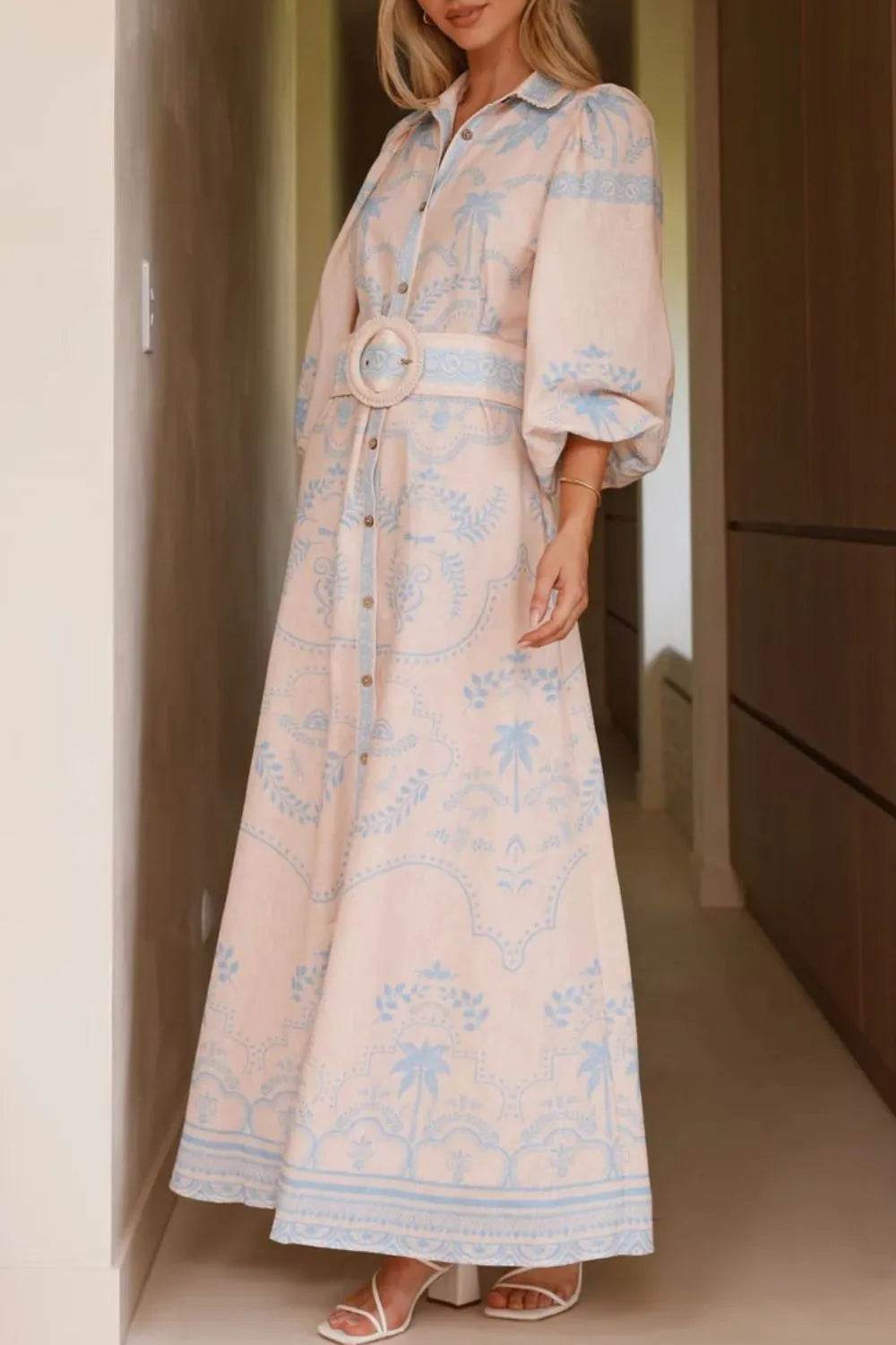 Printed Balloon Sleeve Maxi Shirt Dress - MARIGOLD