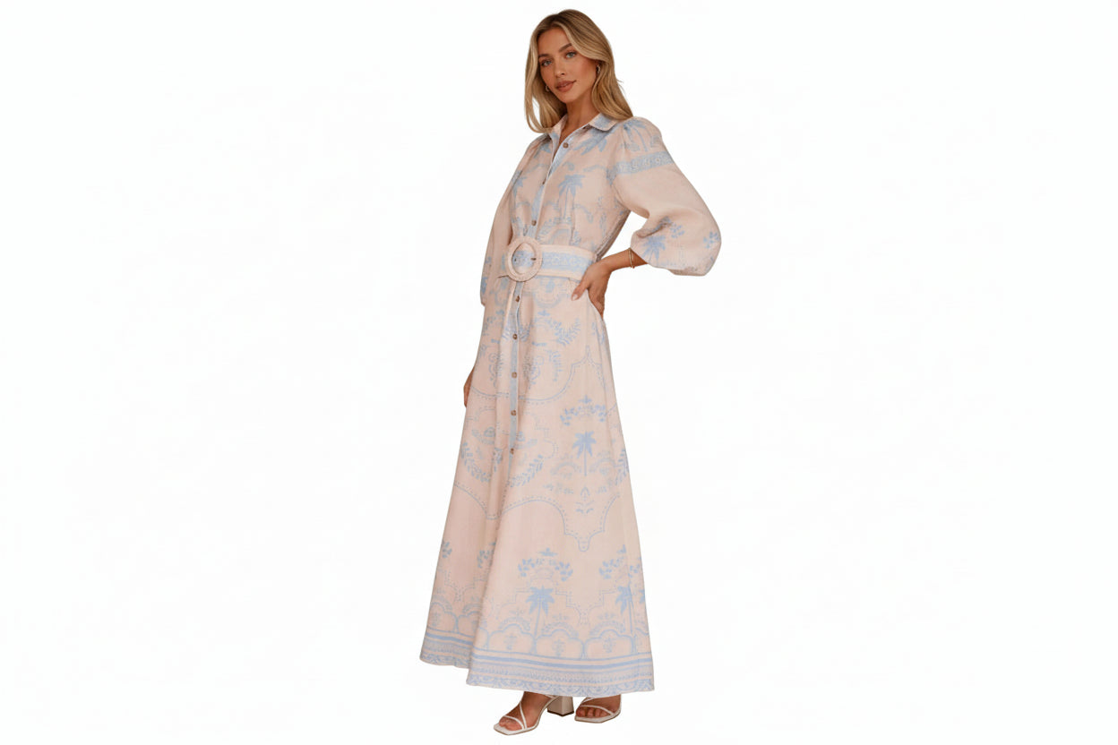 Printed Balloon Sleeve Maxi Shirt Dress - MARIGOLD