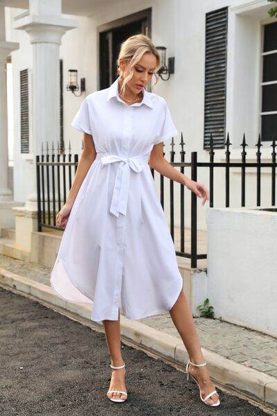 Classic Chic Waist Tie Shirt Dress - MARIGOLD