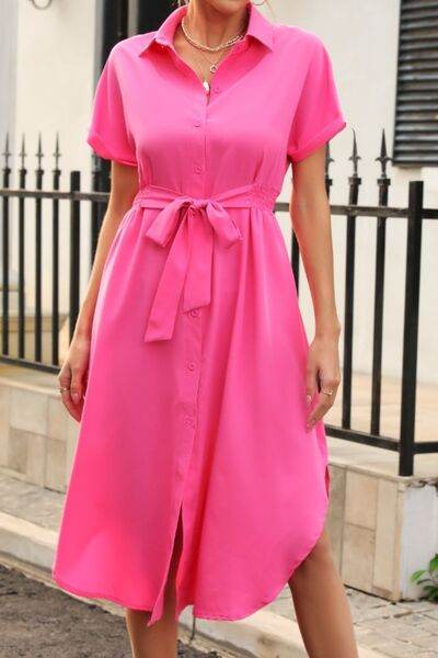 Classic Chic Waist Tie Shirt Dress - MARIGOLD