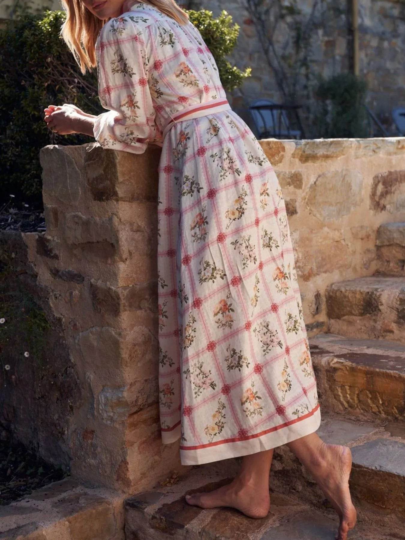 Printed Tie Waist Midi Shirt Dress - MARIGOLD