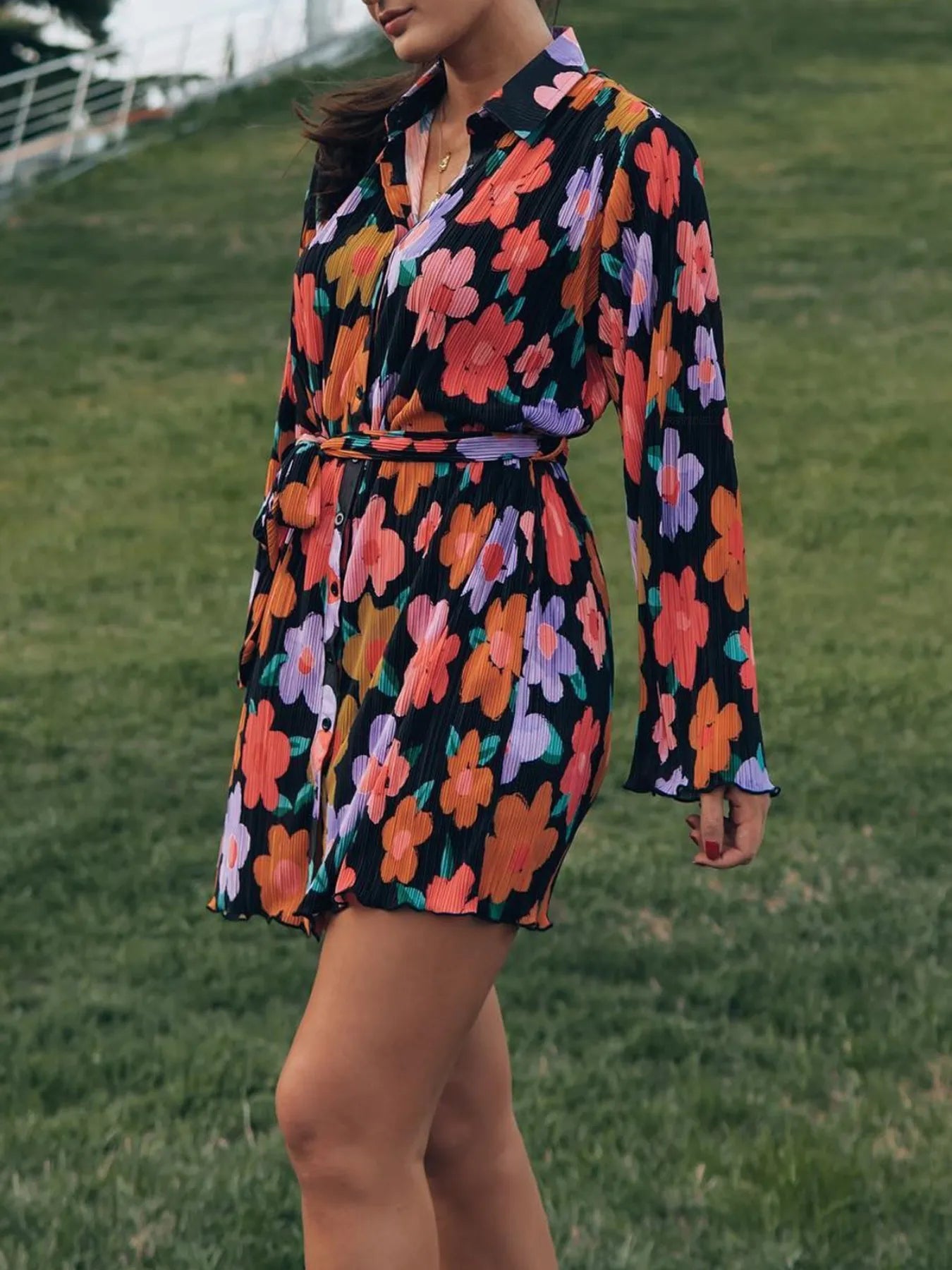 Long Sleeve Mini Shirt Dress floral