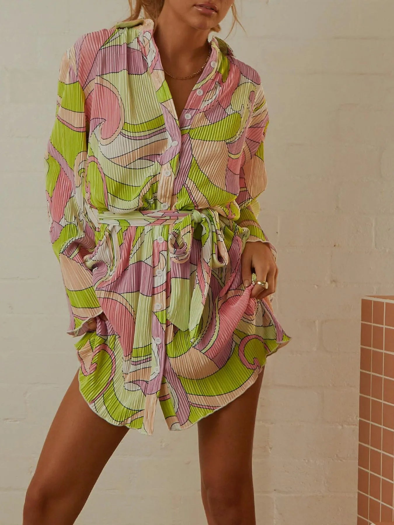 Long Sleeve Mini Shirt Dress multicolour