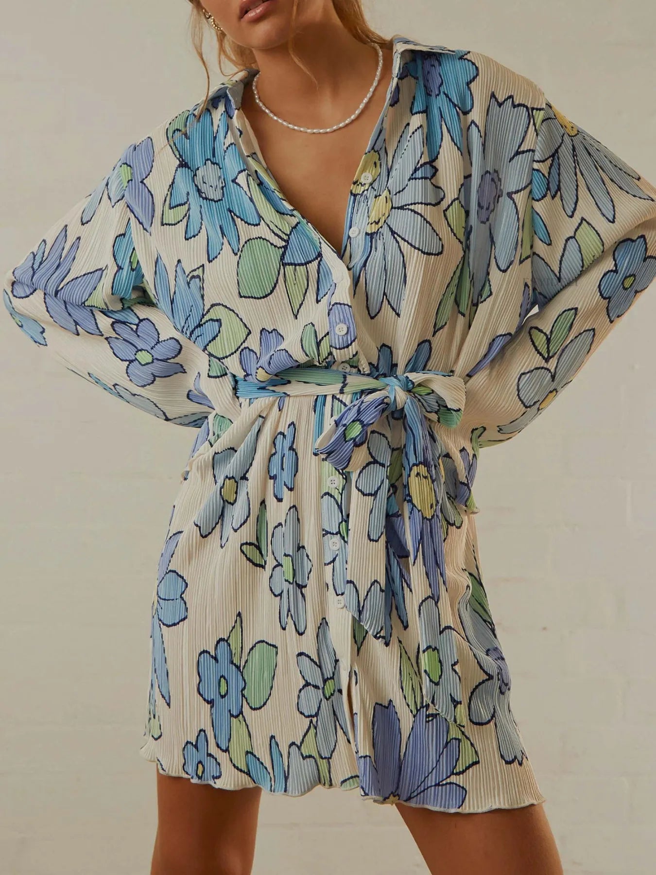 Long Sleeve Mini Shirt Dress blue