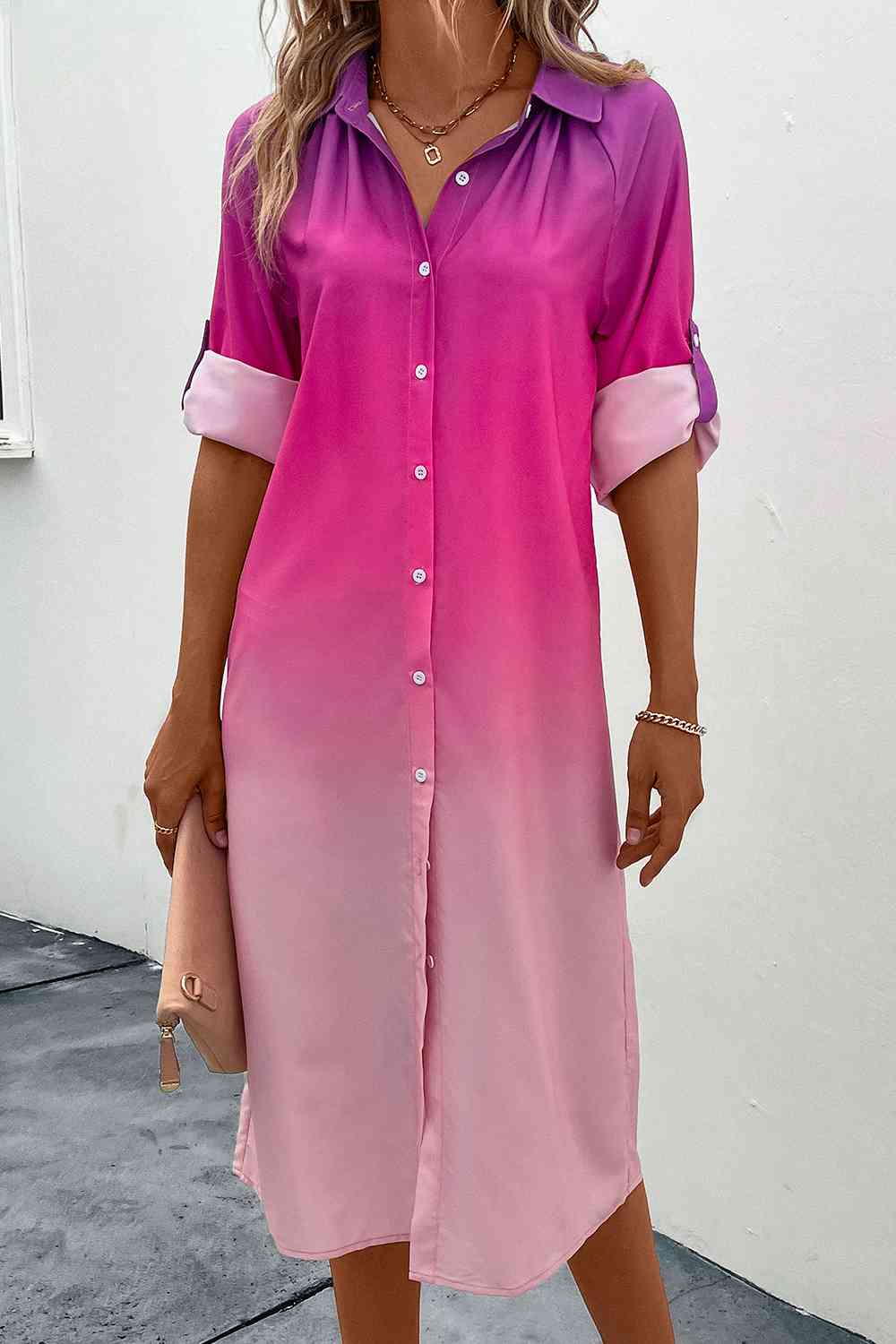 Pink Gradient Button-Front Long-Sleeve Shirt Midi Dress - MARIGOLD