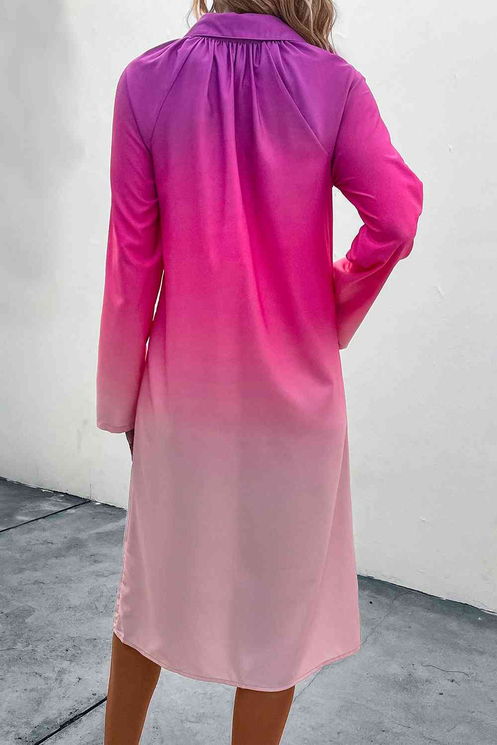 Pink Gradient Button-Front Long-Sleeve Shirt Midi Dress - MARIGOLD