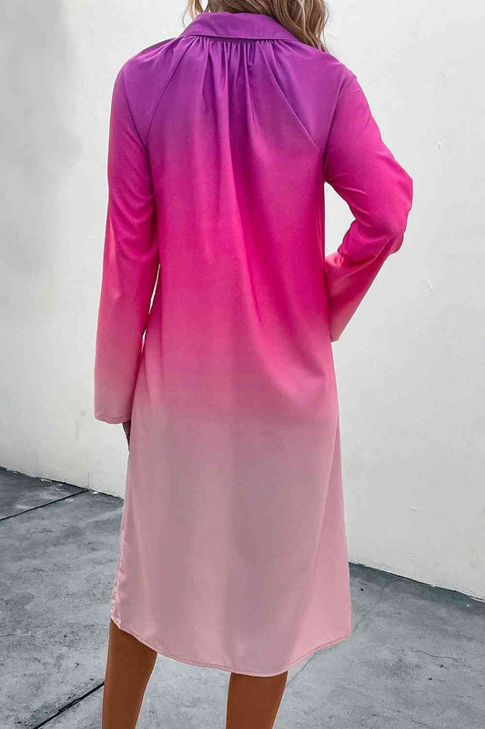 Pink Gradient Button-Front Long-Sleeve Shirt Midi Dress - MARIGOLD