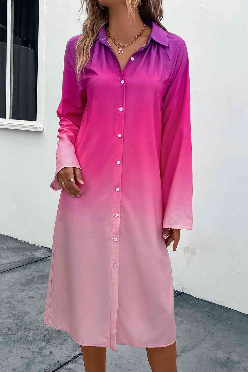 Pink Gradient Button-Front Long-Sleeve Shirt Midi Dress - MARIGOLD