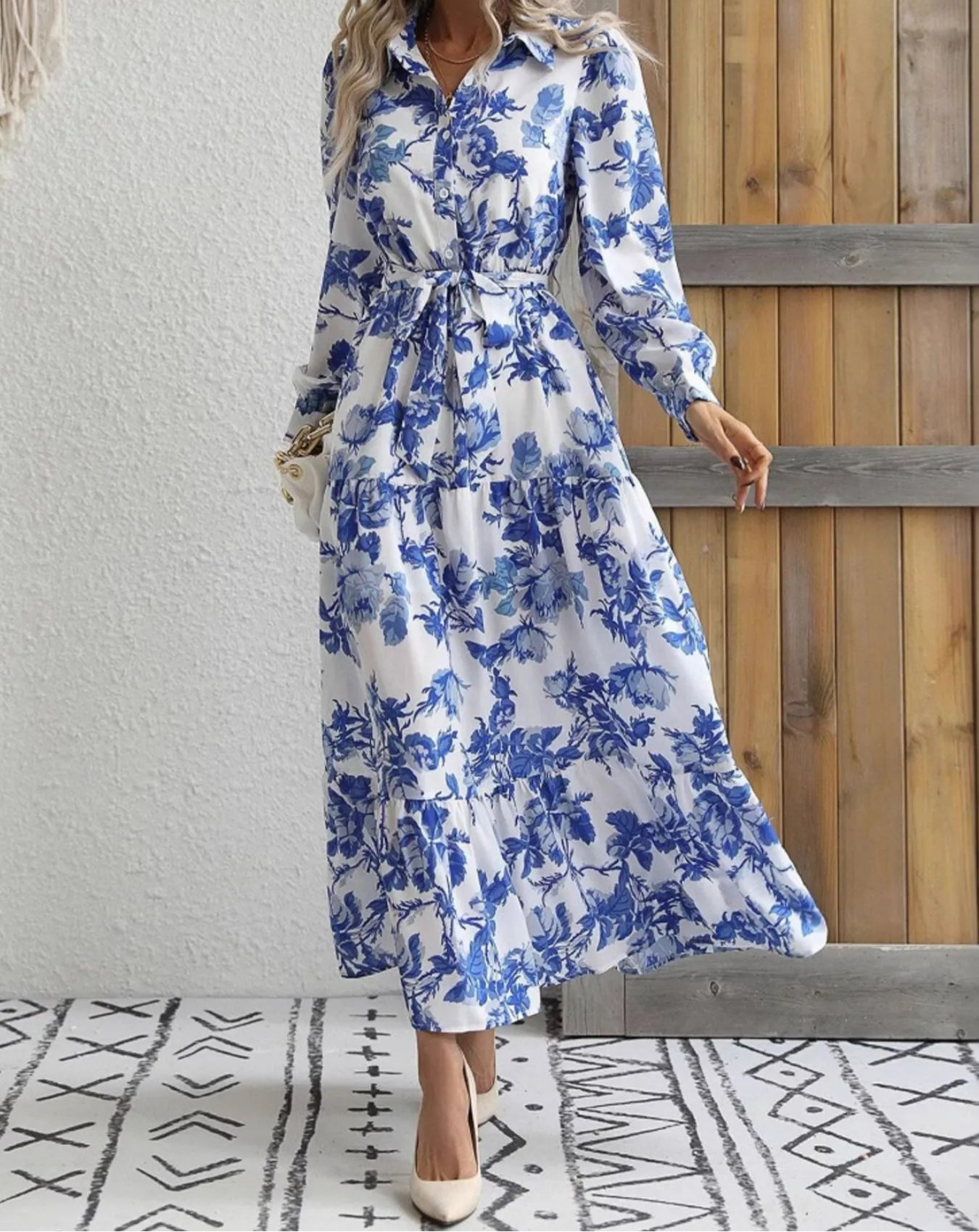 Blue Floral Print Long Sleeve Shirt Dress
