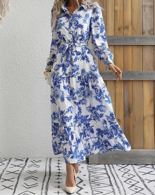 Blue Floral Print Long Sleeve Shirt Dress