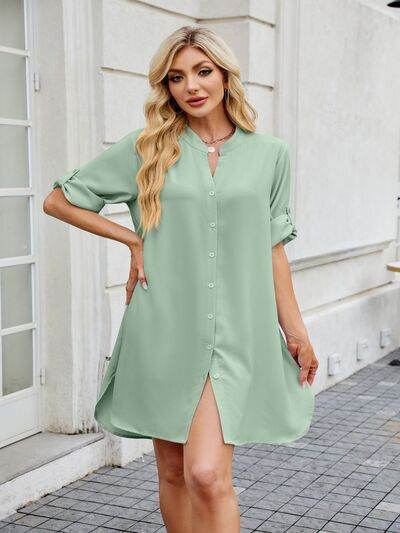Minimalist Notch-Neck Mini Shirt Dress - MARIGOLD