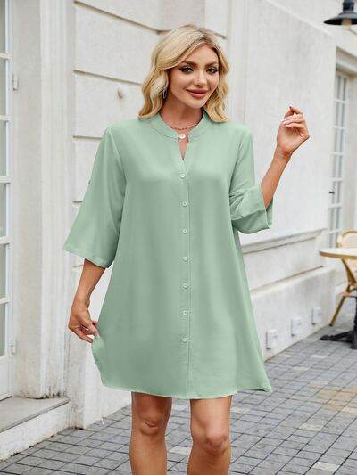 Minimalist Notch-Neck Mini Shirt Dress - MARIGOLD