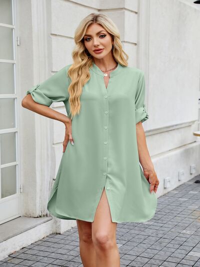Minimalist Notch-Neck Mini Shirt Dress - MARIGOLD
