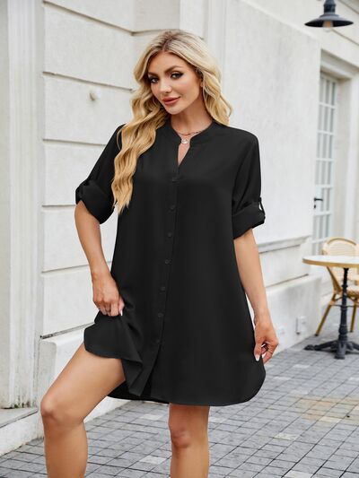 Minimalist Notch-Neck Mini Shirt Dress - MARIGOLD