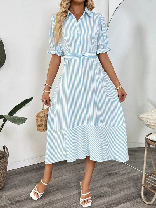 Striped Button-Down Midi Shirt Dress - MARIGOLD