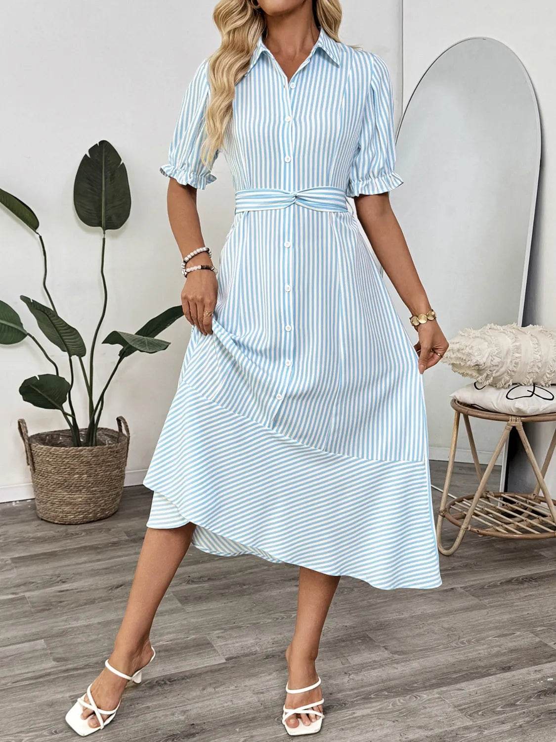 Striped Button-Down Midi Shirt Dress - MARIGOLD