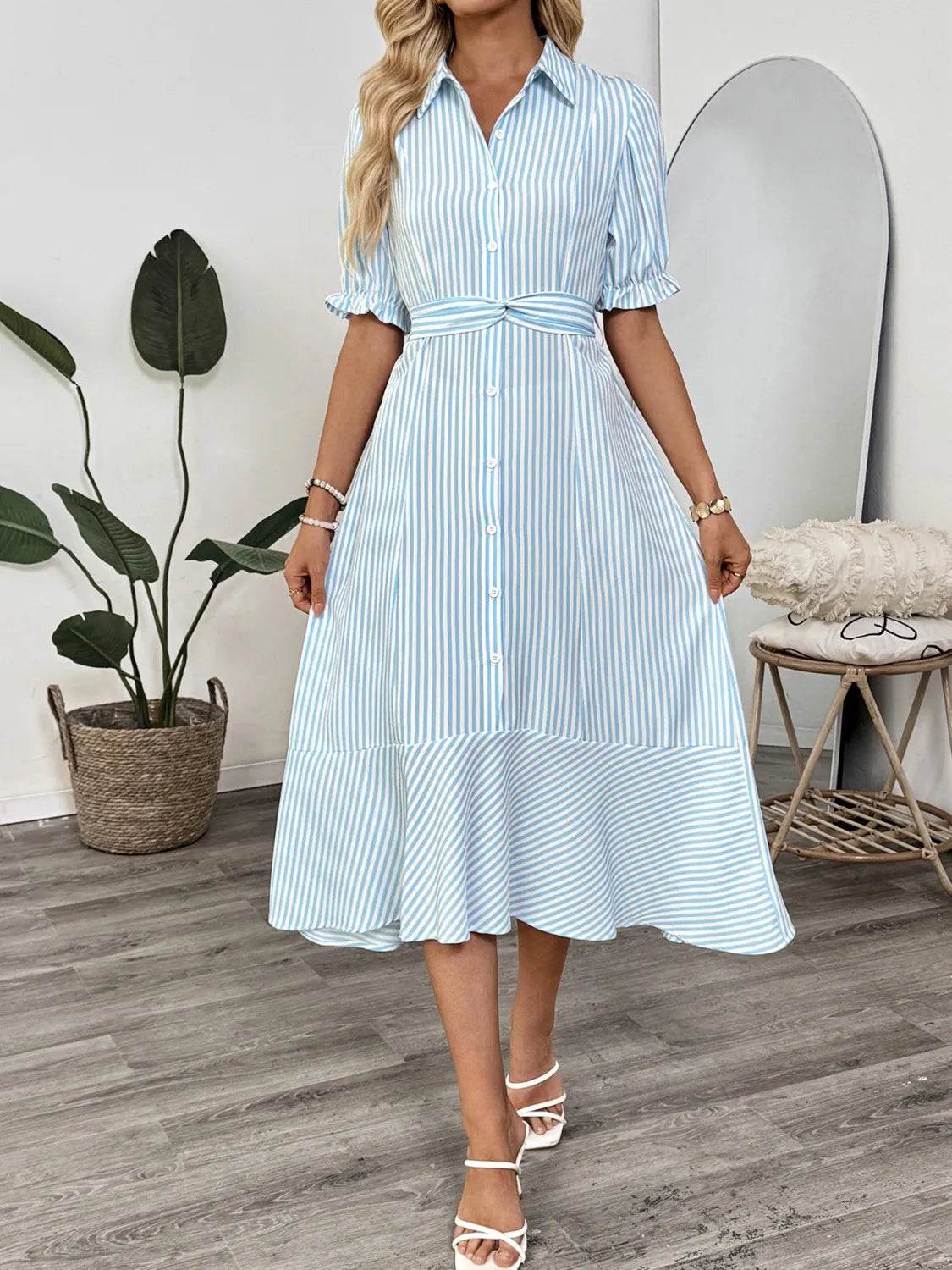 Striped Button-Down Midi Shirt Dress - MARIGOLD