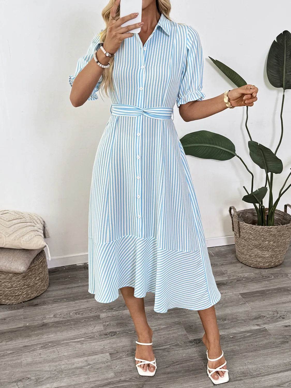 Striped Button-Down Midi Shirt Dress - MARIGOLD