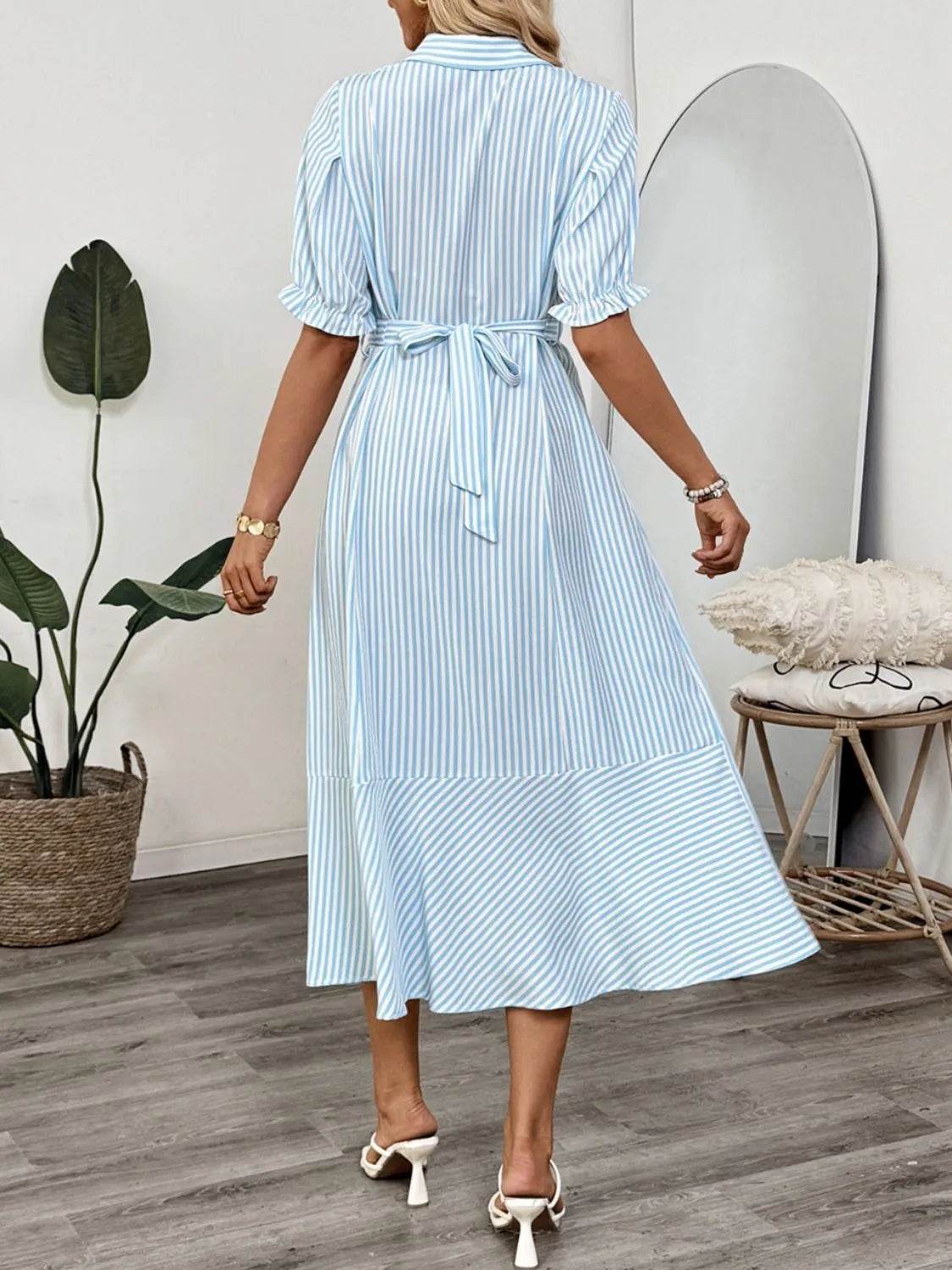 Striped Button-Down Midi Shirt Dress - MARIGOLD