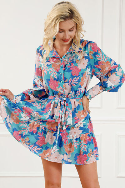 Floral-Print Tie-Waist Lantern-Sleeve Ruffled-Hem Mini Shirt Dress - MARIGOLD