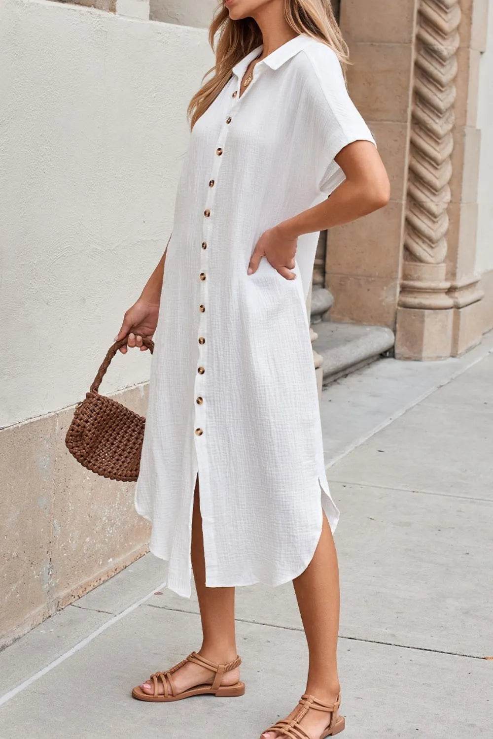 Button Down Short Sleeve Midi Shirt Dress - MARIGOLD
