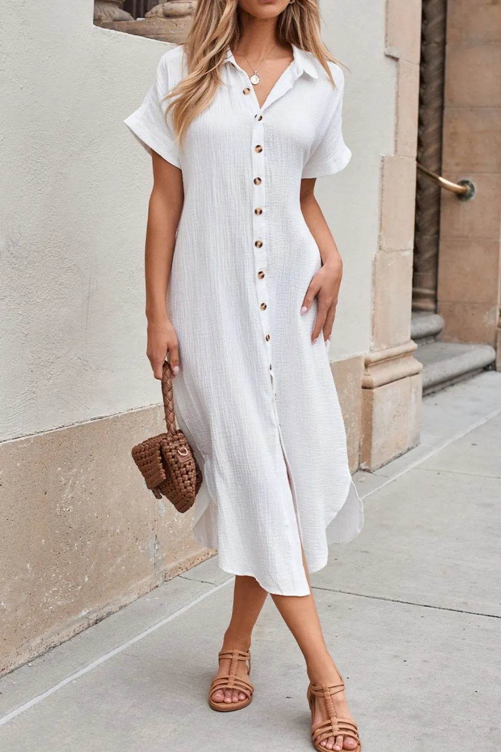 Button Down Short Sleeve Midi Shirt Dress - MARIGOLD