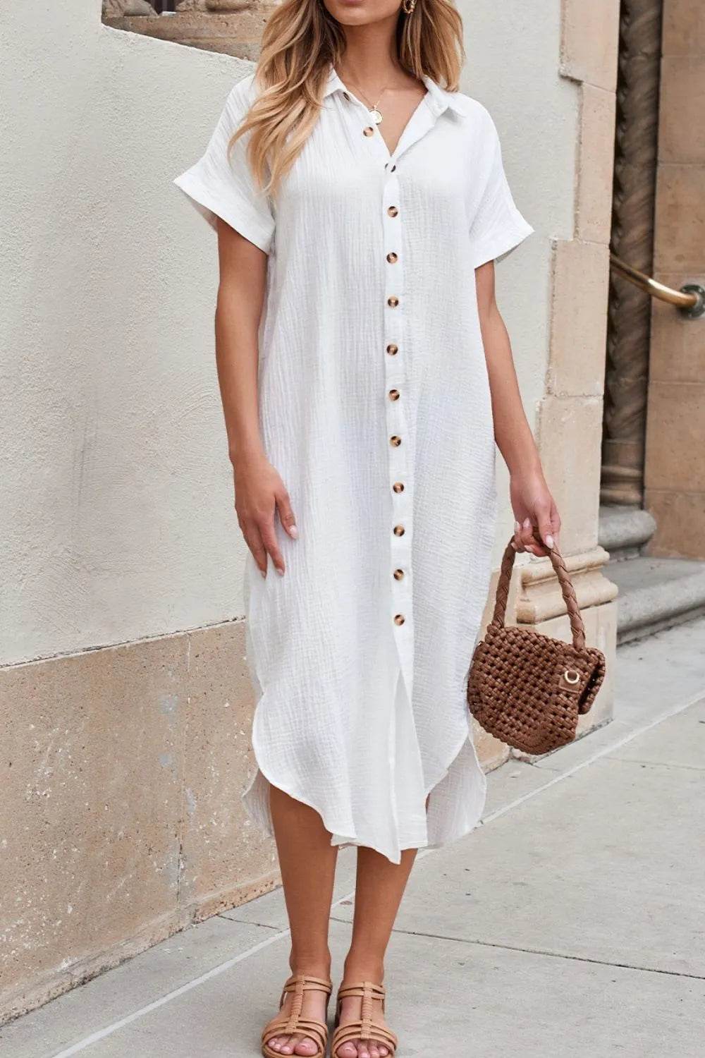 Button Down Short Sleeve Midi Shirt Dress - MARIGOLD